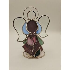 STAINED GLASS ANGEL HOLDING CRYSTAL HEART